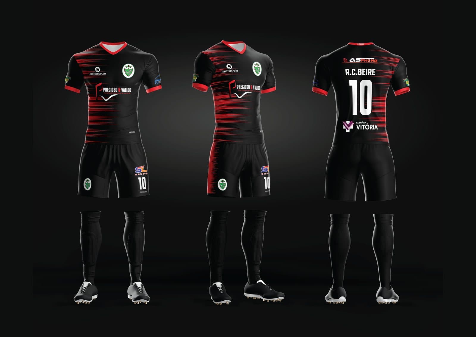 Equipamento alternativo: camisola preta com riscas vermelhas, calção e meias pretas.