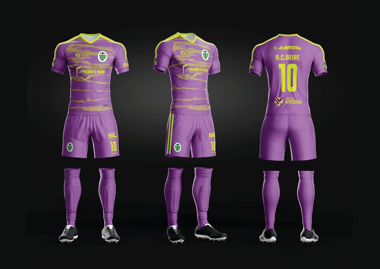 Primeiro equipamento de guarda-redes: roxo com pormenores amarelo-fluorescente.