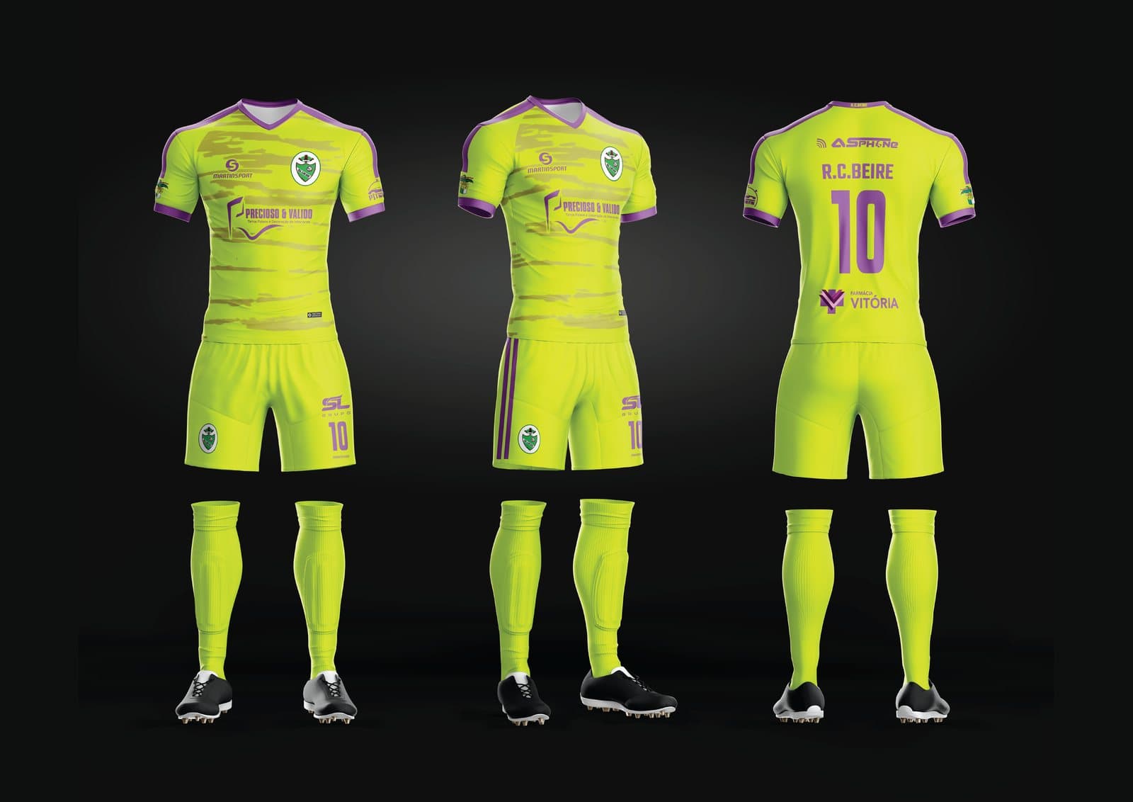 Segundo equipamento de guarda-redes: amarelo-fluorescente com pormenores roxos.