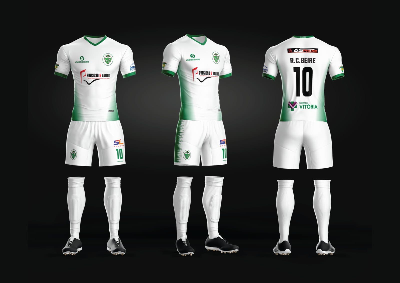 Equipamento principal: camisola branca com pormenores verdes, calção e meias brancas.